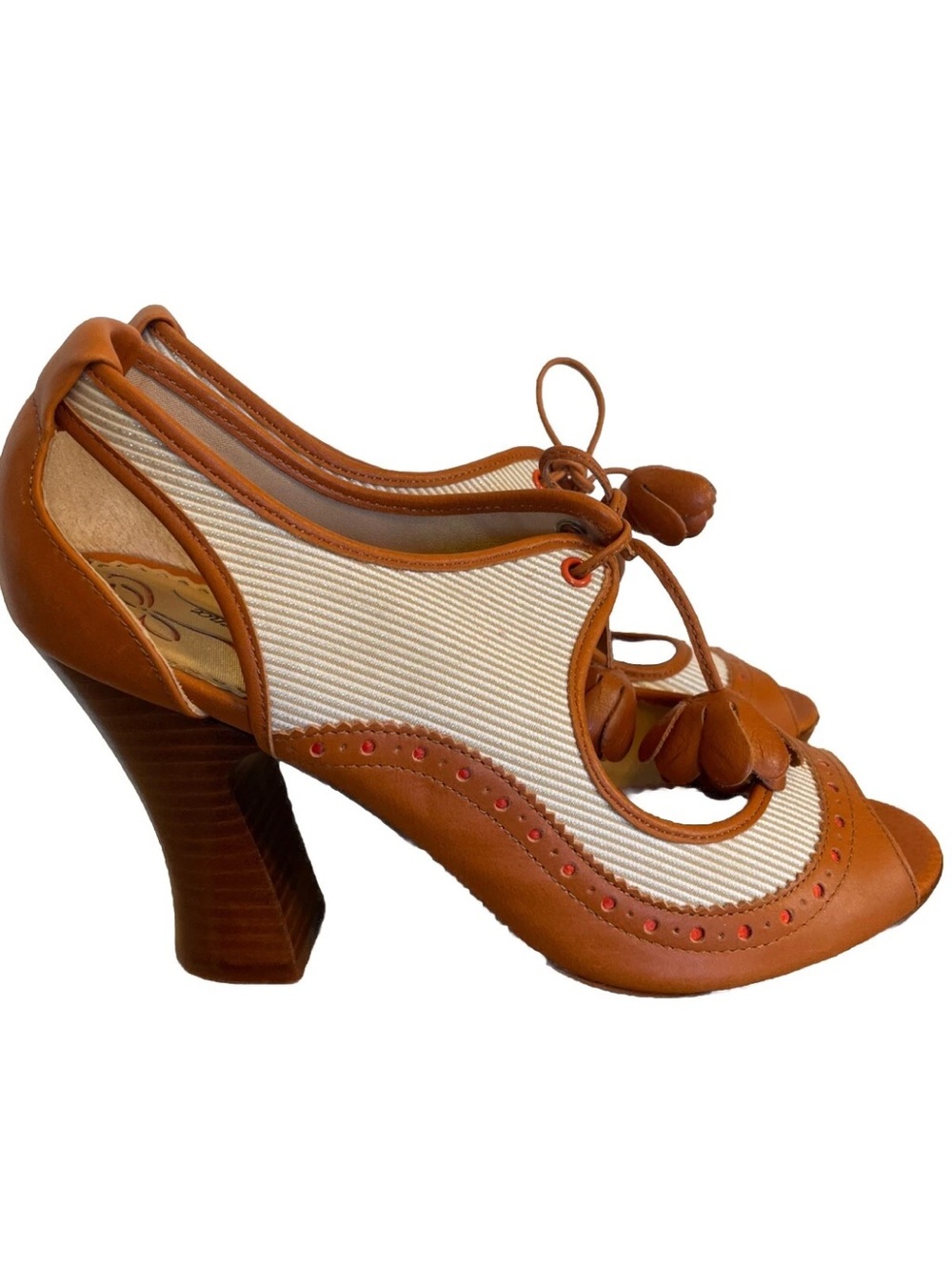 Tan and Cream Peep-Toe Lace-Up Heels Poetic Justice Pin Up Rockabilly